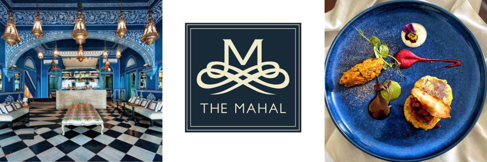 Selection of images - interior of Mahal, Mahal's logo and delicious food.